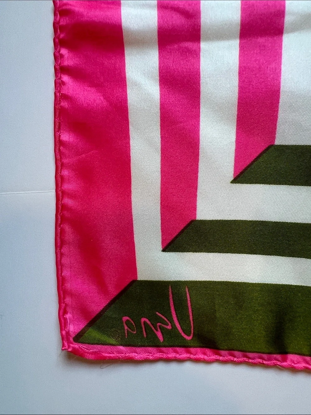 Vintage Vera Neumann scarf pink green & white geometric design 23” square